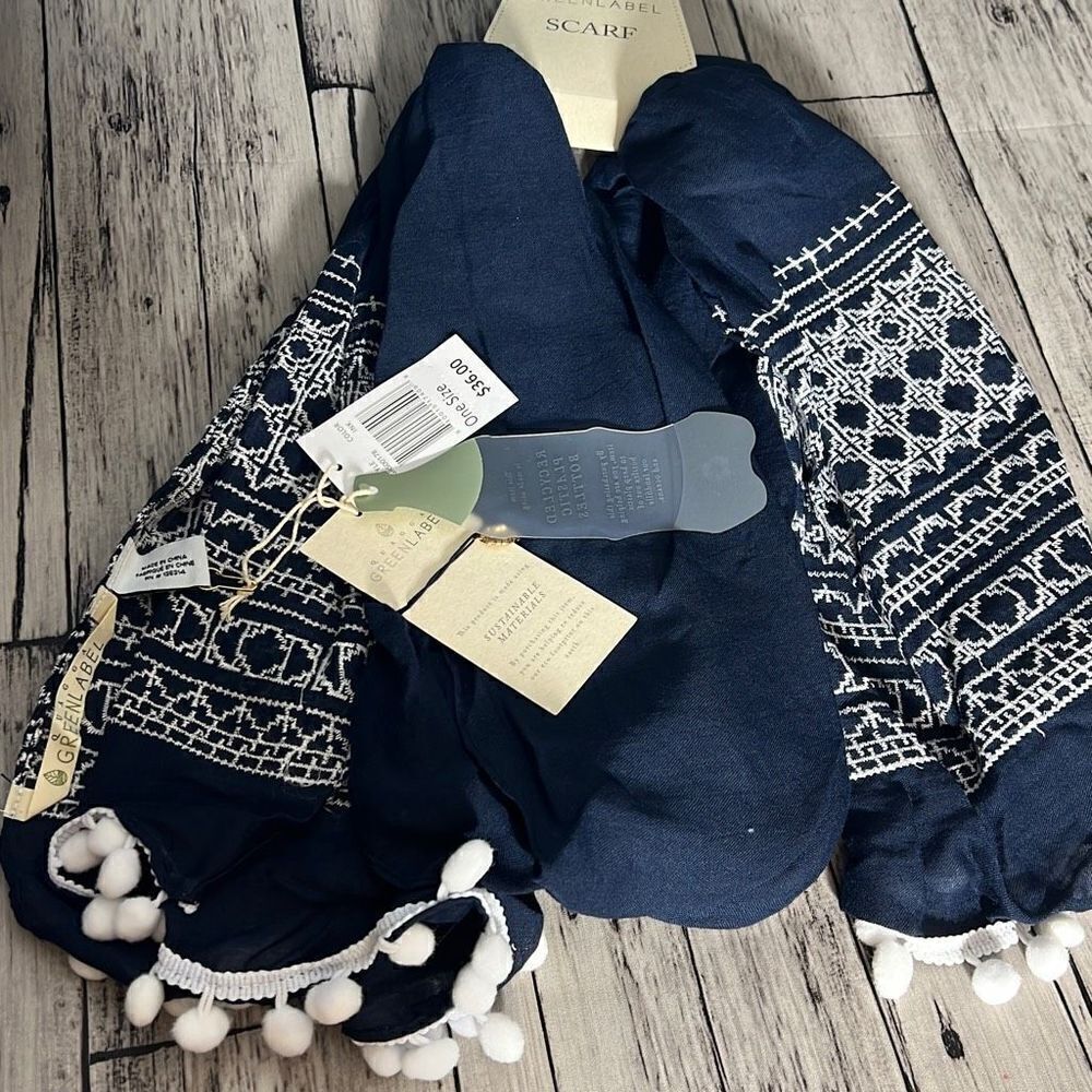 Quagga Green Label Women's Pompom Accent Scarf In Blue One Size NWT